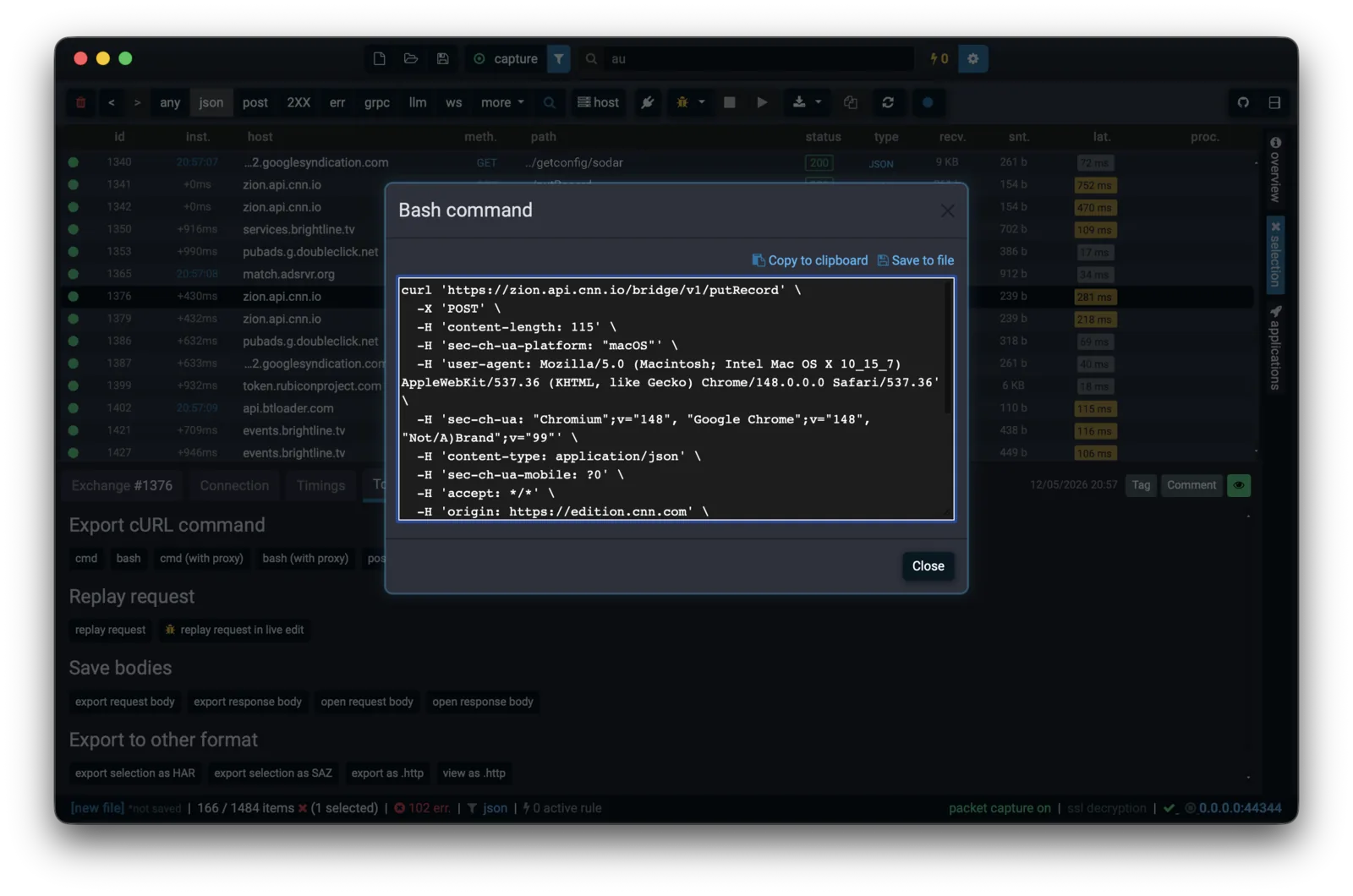 Fluxzy Desktop exporting a request as a full bash cURL command with headers preserved