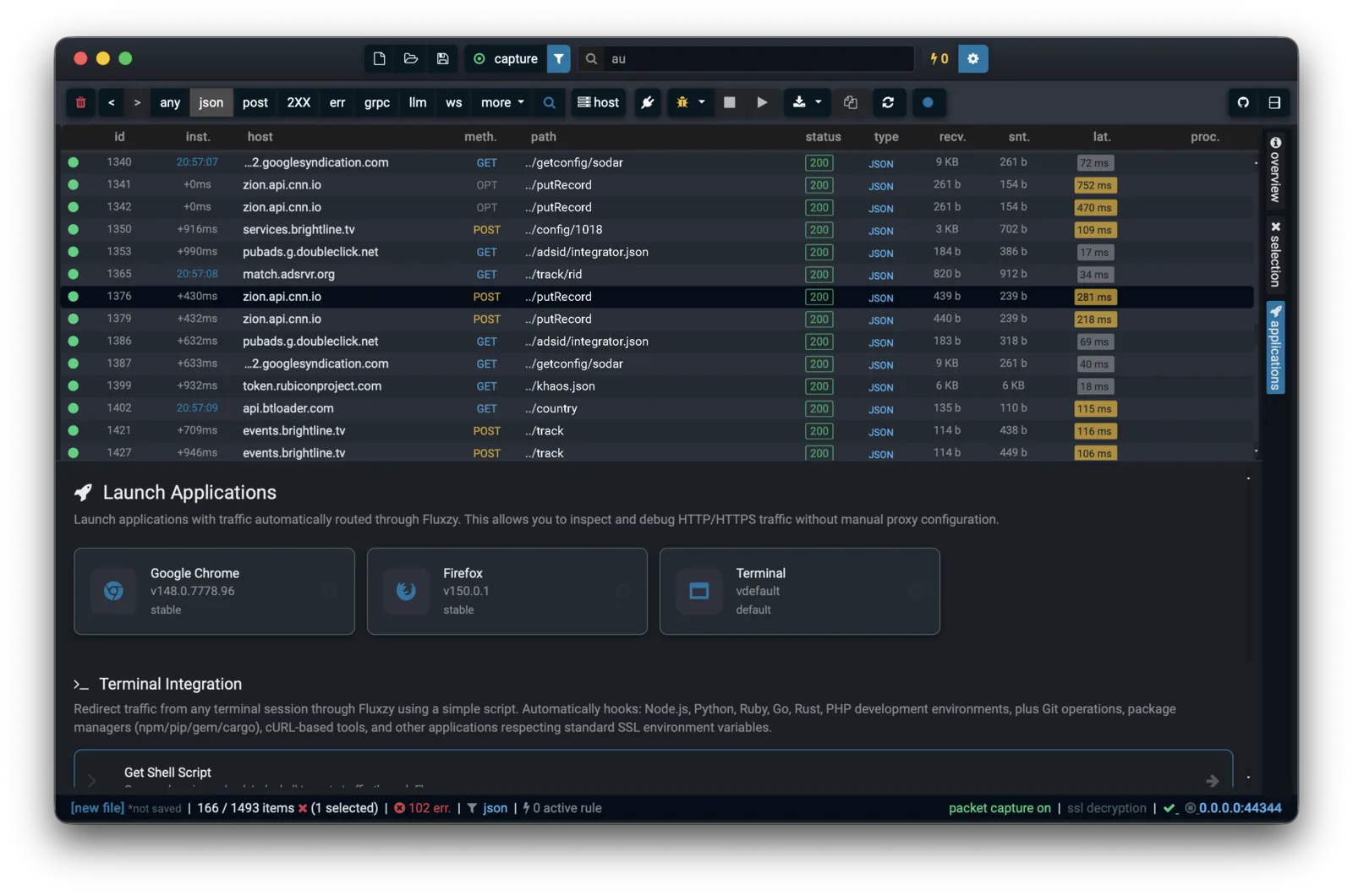 Fluxzy Desktop Launch Applications panel: Chrome, Firefox and Terminal launched with proxy active, plus a bootstrap shell script generator