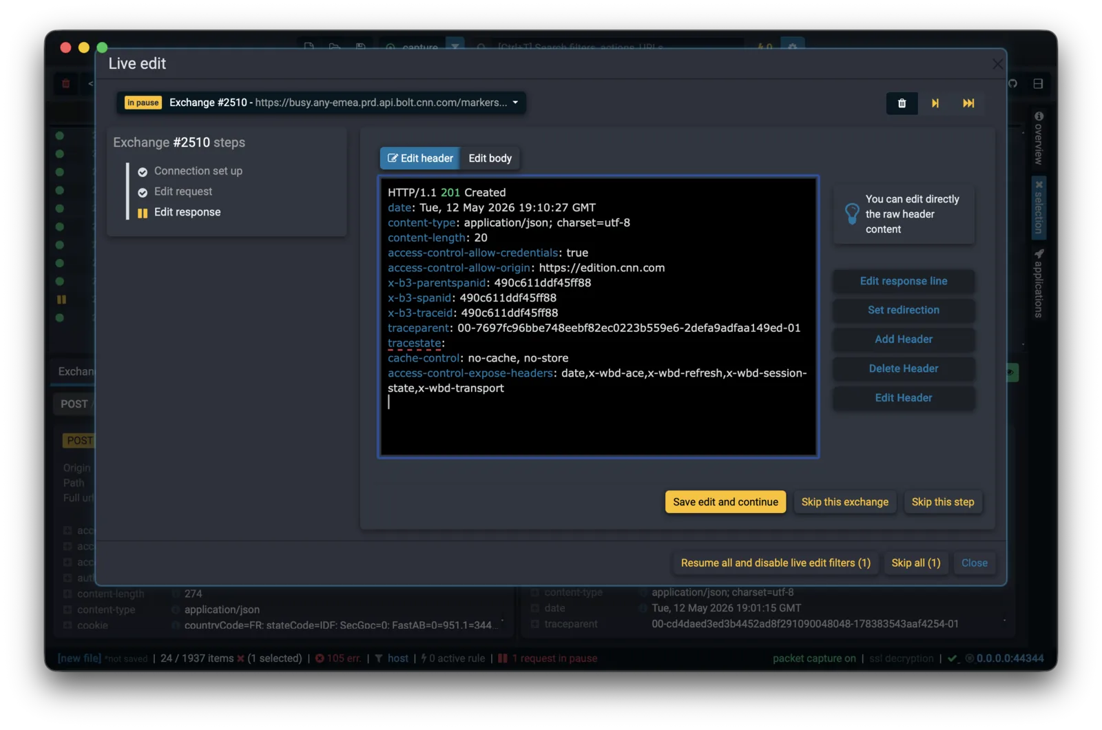Fluxzy Desktop live-edit dialog paused on a response with editable headers and body