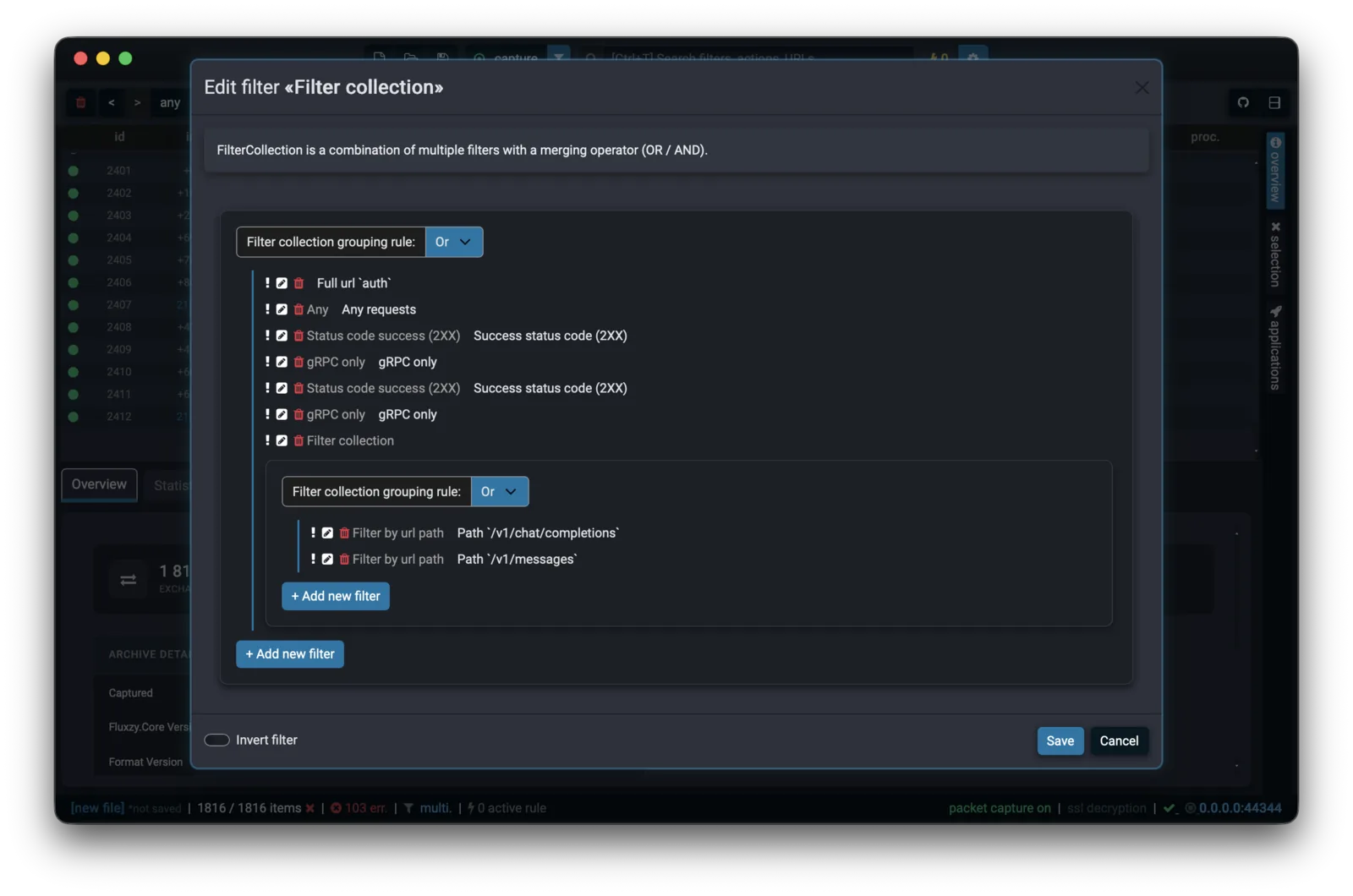 Fluxzy Desktop nested filter collection combining multiple filters with AND and OR operators