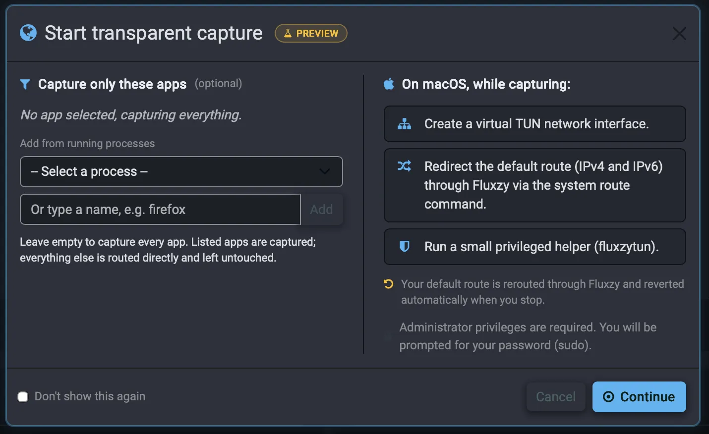 Fluxzy Desktop start dialog for transparent, proxyless capture with an option to capture only selected apps