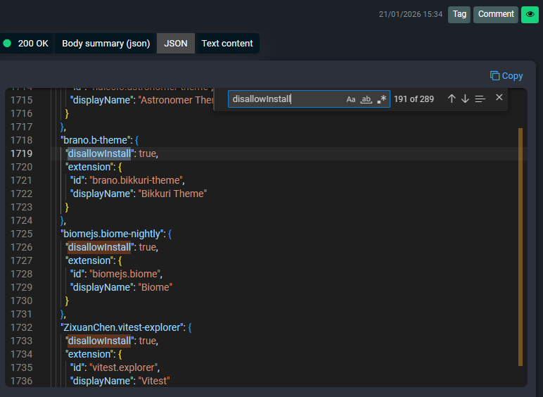 Monaco editor showing a JSON response with syntax highlighting