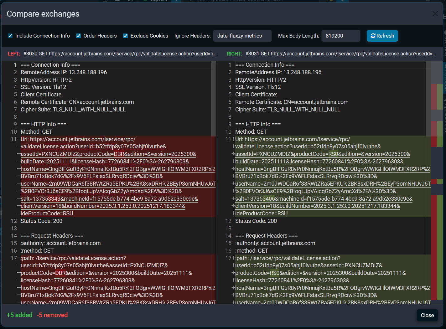 Diff tool showing comparison between two API responses with highlighted changes