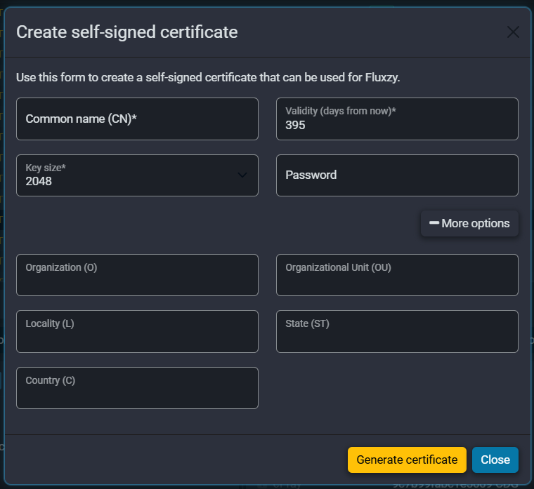 Fluxzy Desktop certificate creation dialog