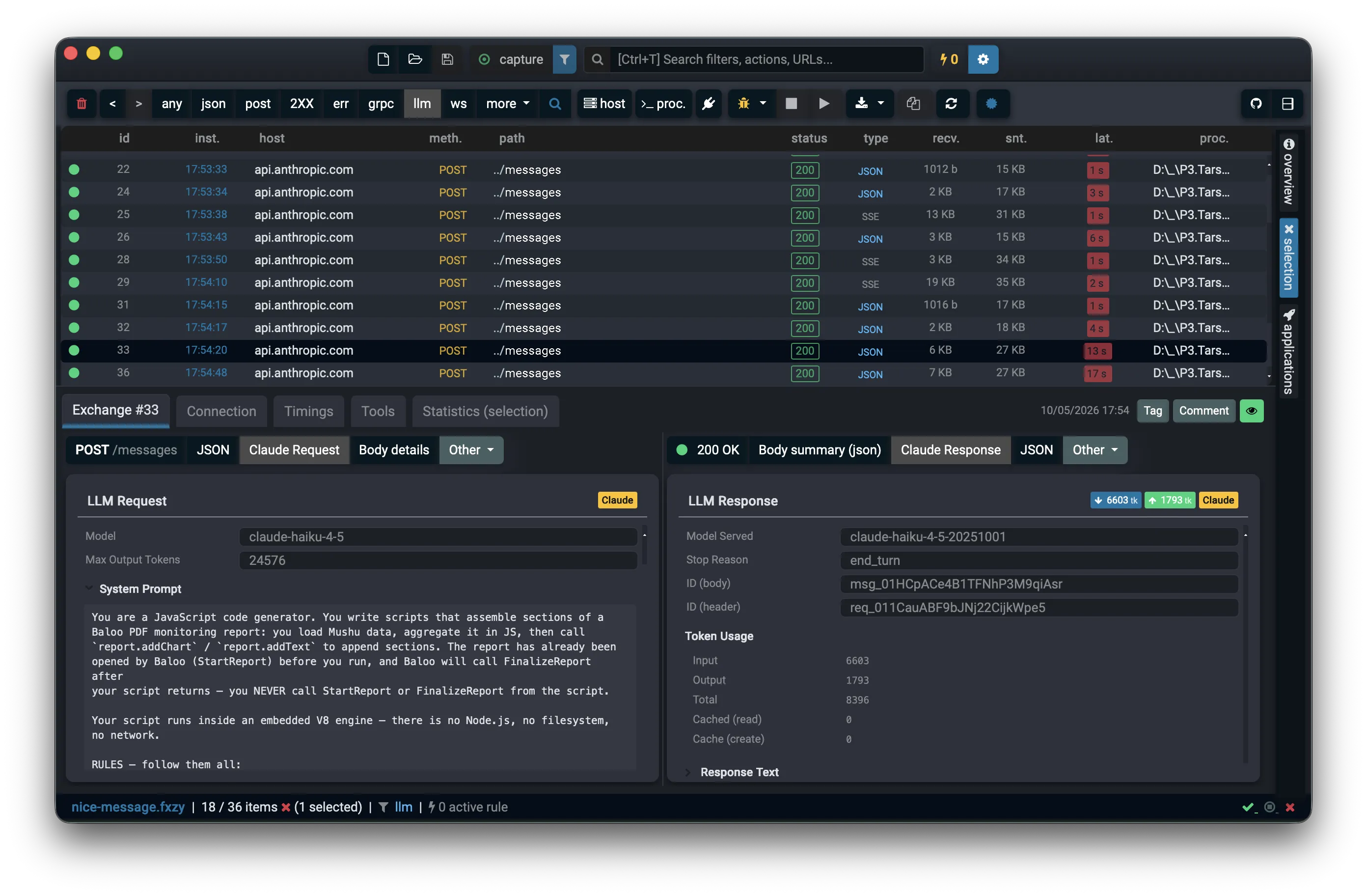 Fluxzy Desktop on Tauri capturing LLM API calls to Anthropic