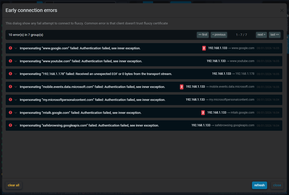 grouped early connection errors