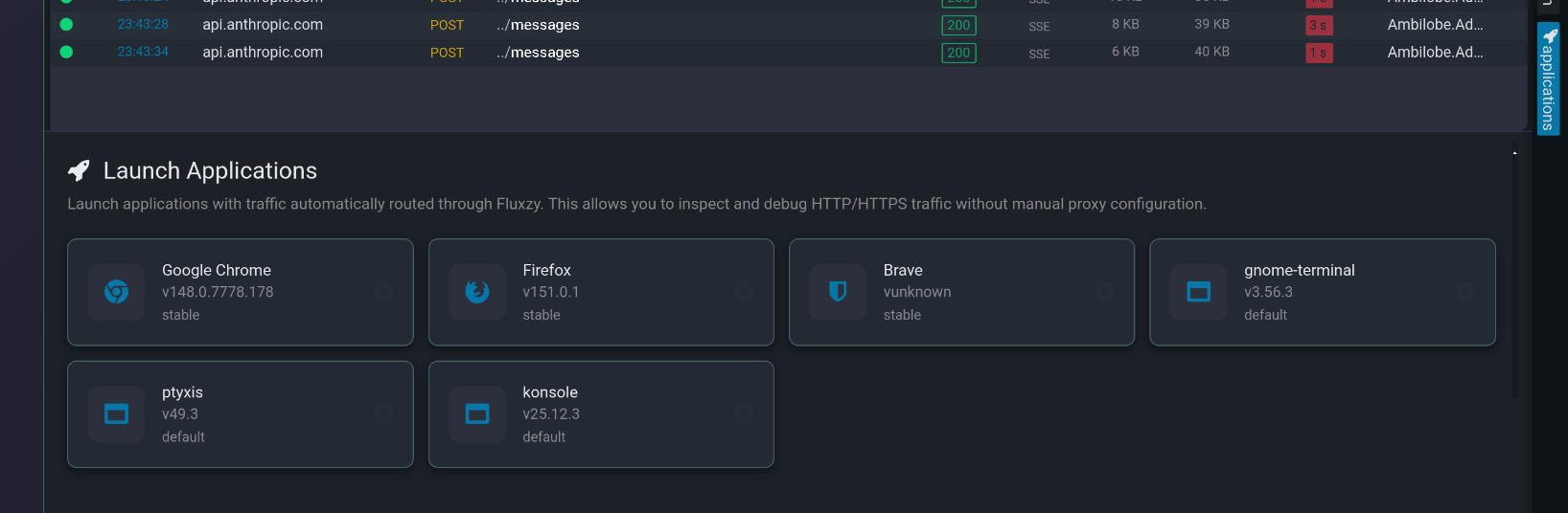 Fluxzy Desktop run and hook dialog launching a console routed through the proxy