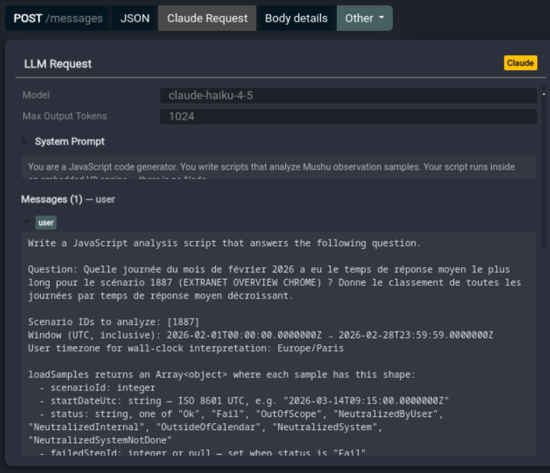 Fluxzy showing an LLM API request with system prompt and declared tools