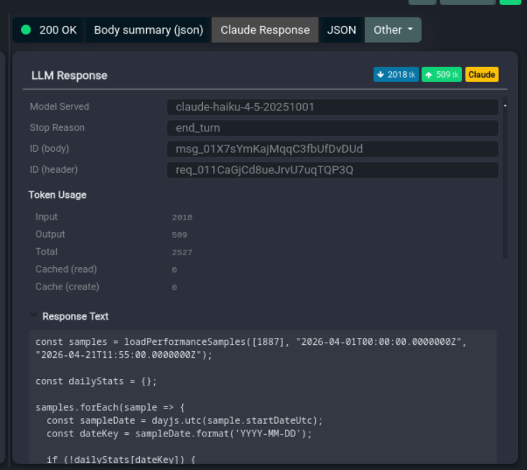 Fluxzy showing an LLM API response with token usage and tool calls