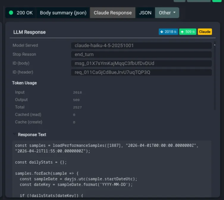 Fluxzy showing an LLM API response with token usage and tool calls