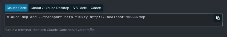 Connect a client: snippets for Claude Code, Cursor, Claude Desktop, VS Code and Codex