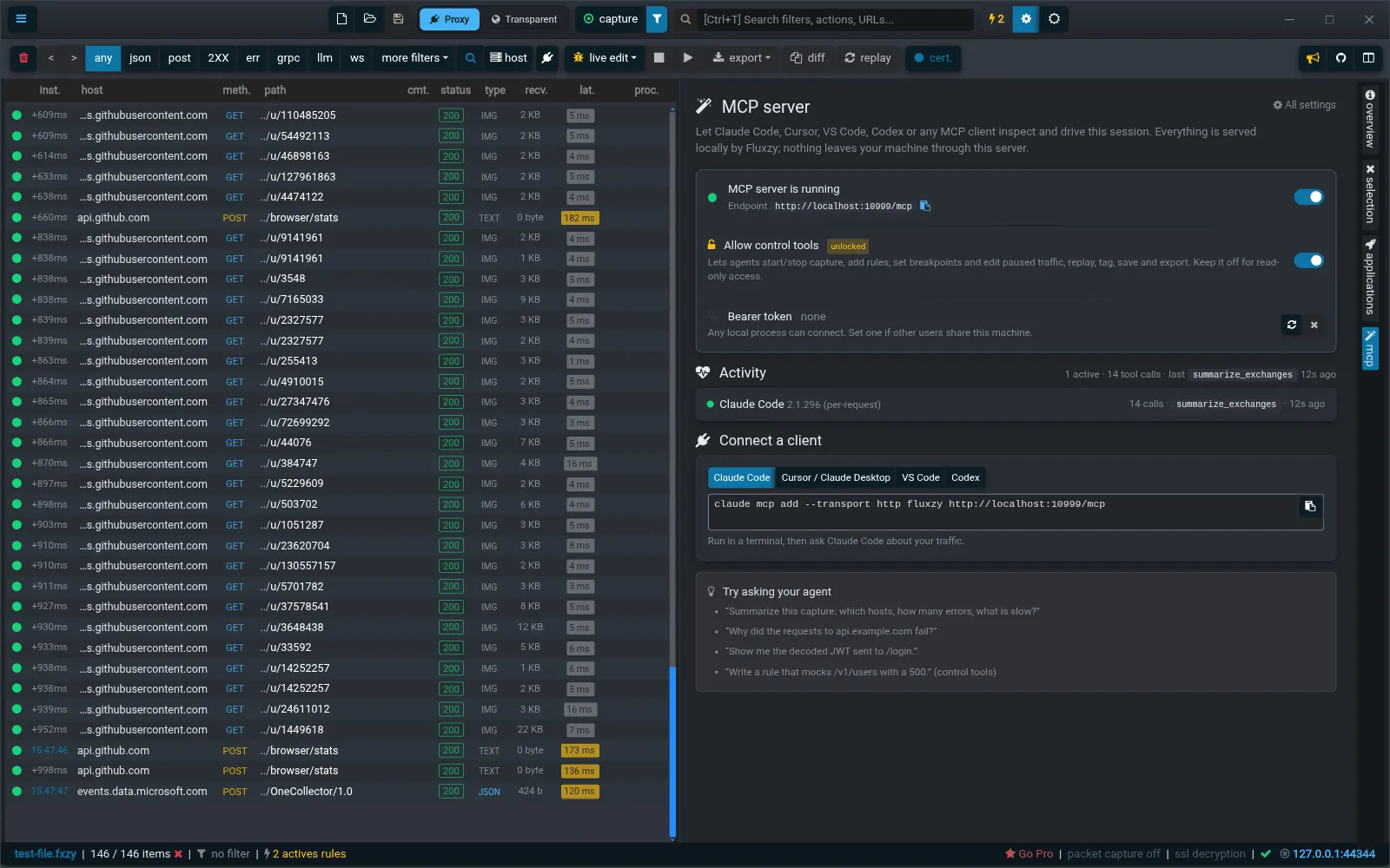 The mcp tab in Fluxzy Desktop with the server running and Claude Code connected