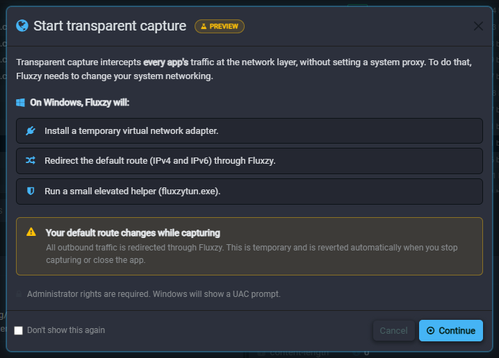 Start transparent capture dialog in Fluxzy Desktop on Windows