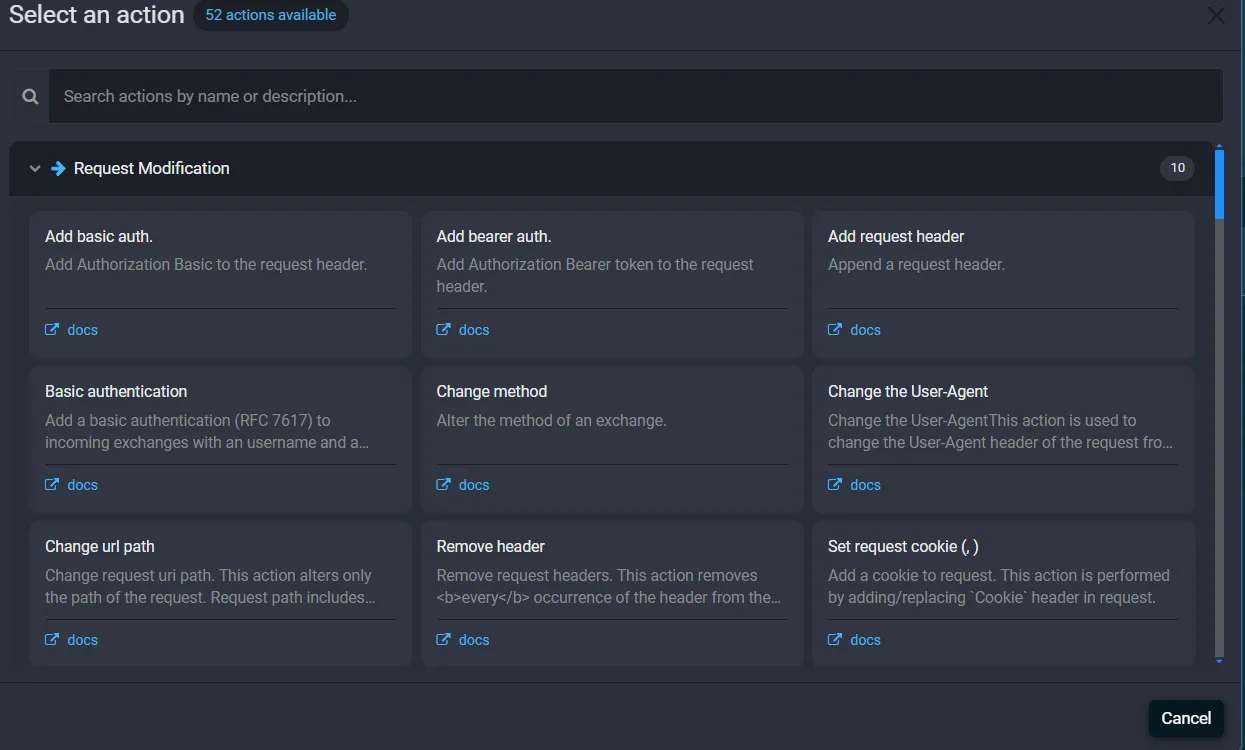 Fluxzy Select an action dialog showing the Request Modification category with action cards