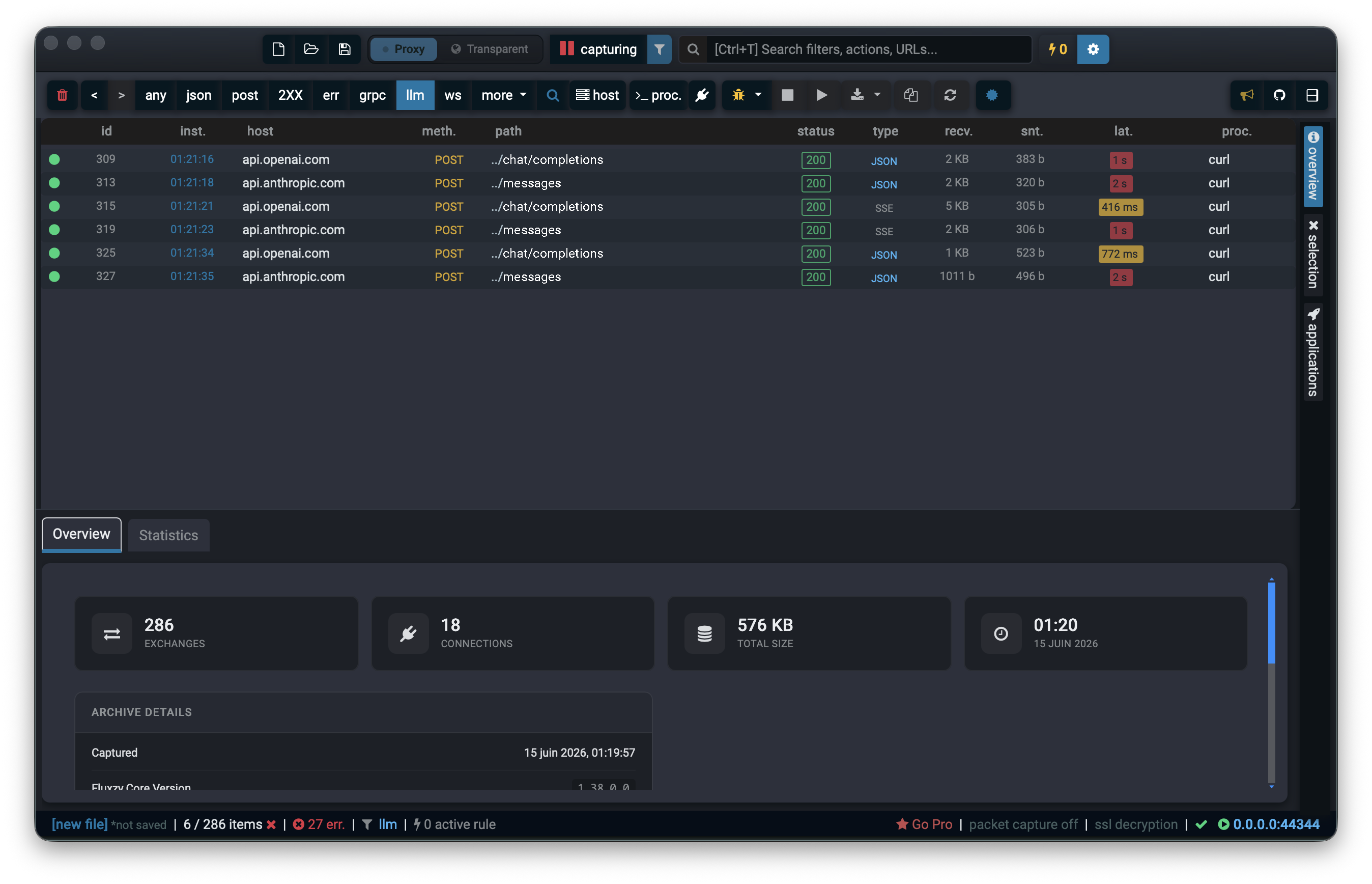 Fluxzy exchange list filtered to OpenAI and Anthropic API calls