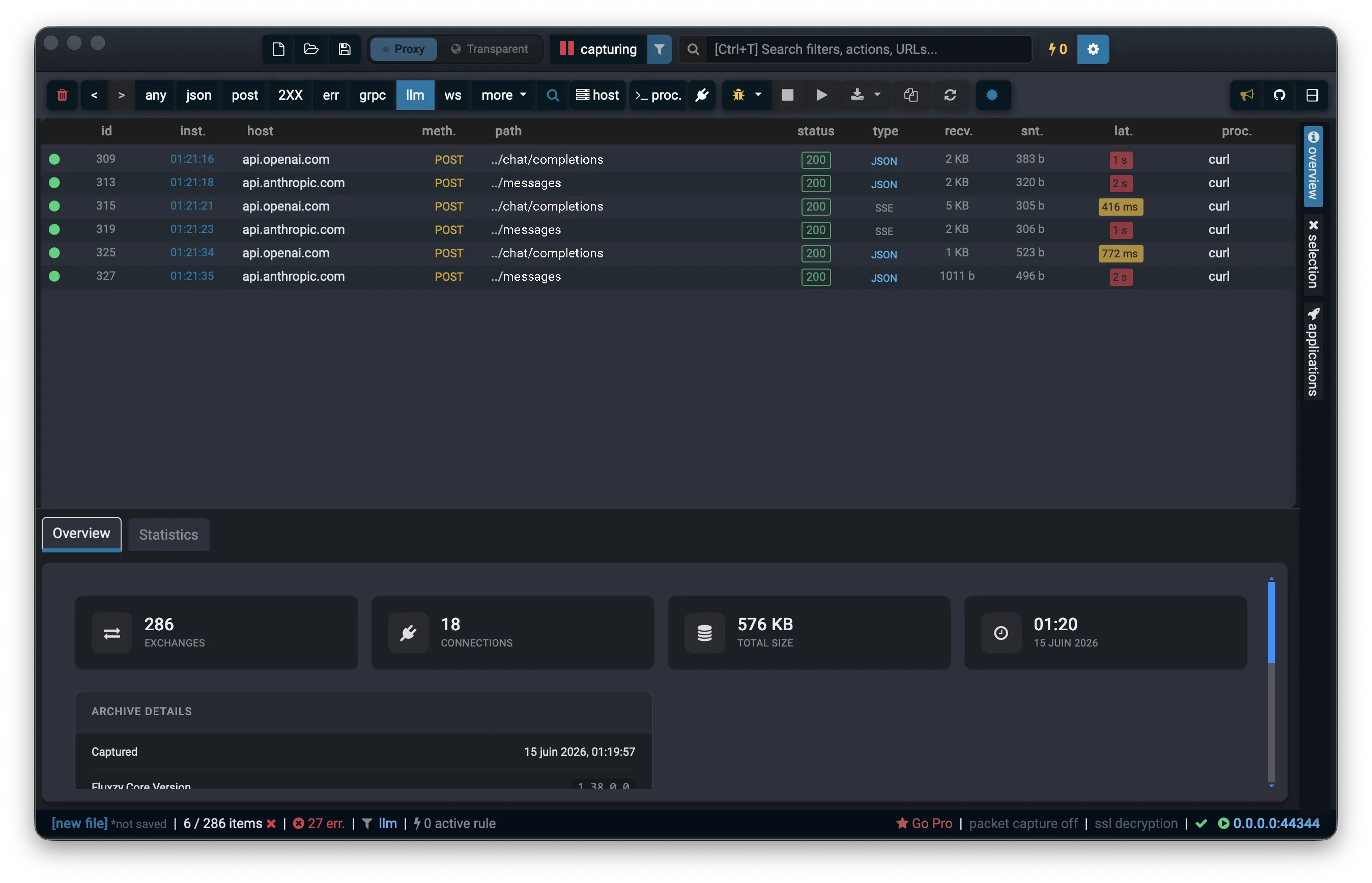Inspect OpenAI, Anthropic and Gemini API traffic