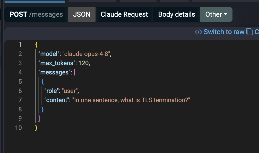 Anthropic Claude messages request body shown as JSON in Fluxzy