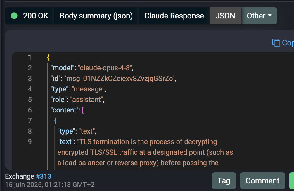 Anthropic Claude messages response body shown as JSON in Fluxzy