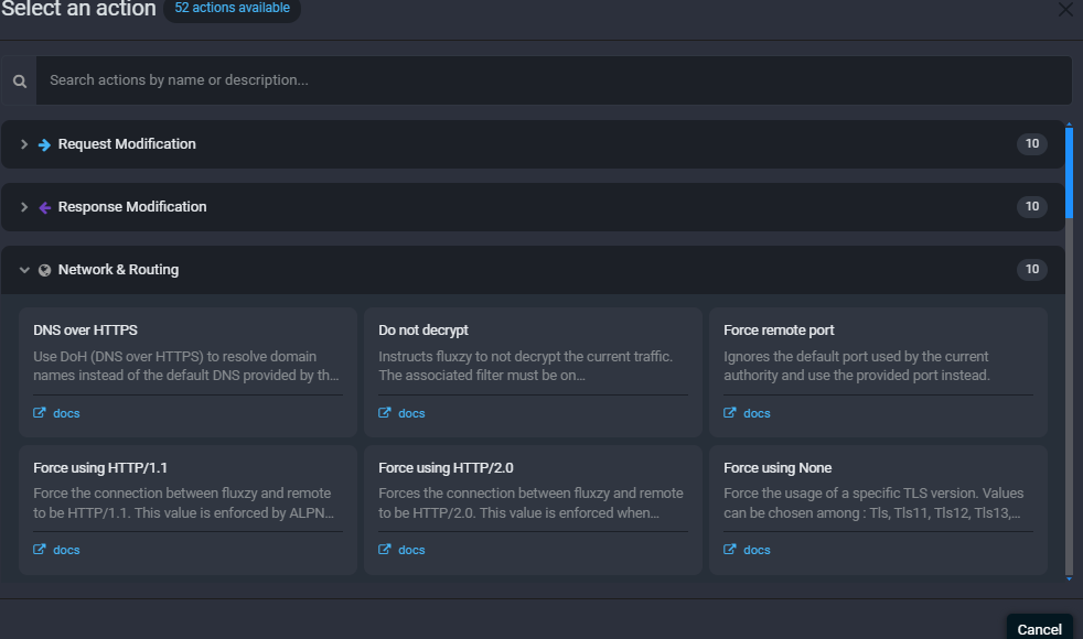 Fluxzy Select an action dialog with the Network and Routing category showing DNS over HTTPS, Force using HTTP/1.1 and Force using HTTP/2.0