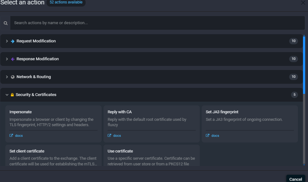 Fluxzy Select an action dialog with the Security and Certificates category showing Impersonate, Set JA3 fingerprint and Use certificate