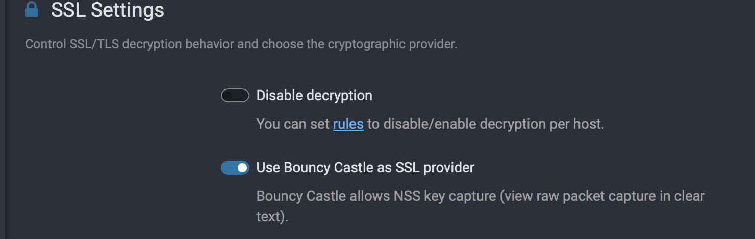 SSL Settings with Use Bouncy Castle as SSL provider enabled for NSS key capture