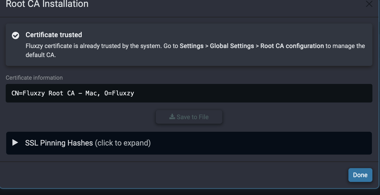 Fluxzy Root CA Installation dialog showing the certificate is trusted