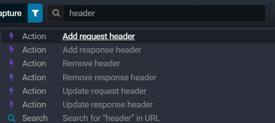 Search Everywhere listing header actions for the query "header": add, remove and update request and response headers
