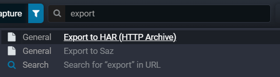 Search Everywhere listing export commands for the query "export": export to HAR and export to SAZ
