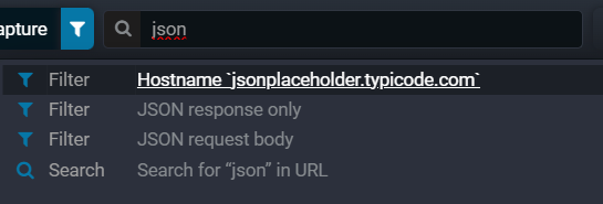 Search Everywhere suggesting filters for the query "json": a host filter built from captured traffic plus JSON response and request filters