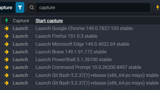 Search Everywhere listing detected apps to launch through Fluxzy: Chrome, Firefox, Edge, Brave, PowerShell, Command Prompt and Git Bash, plus a Start capture command
