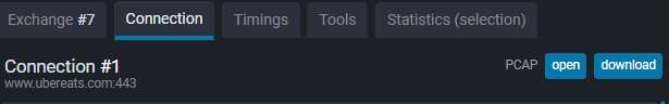 PCAP open and download buttons in the Connection panel header, for the single TCP connection used by the selected exchange