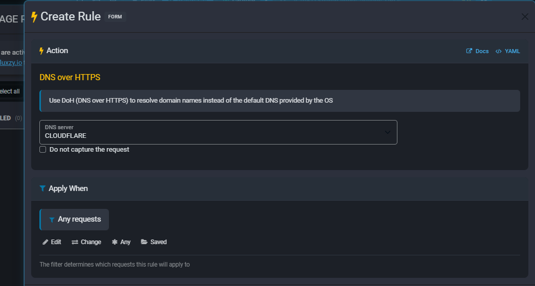 Fluxzy Create Rule editor with the DNS over HTTPS action and CLOUDFLARE selected as the DNS server
