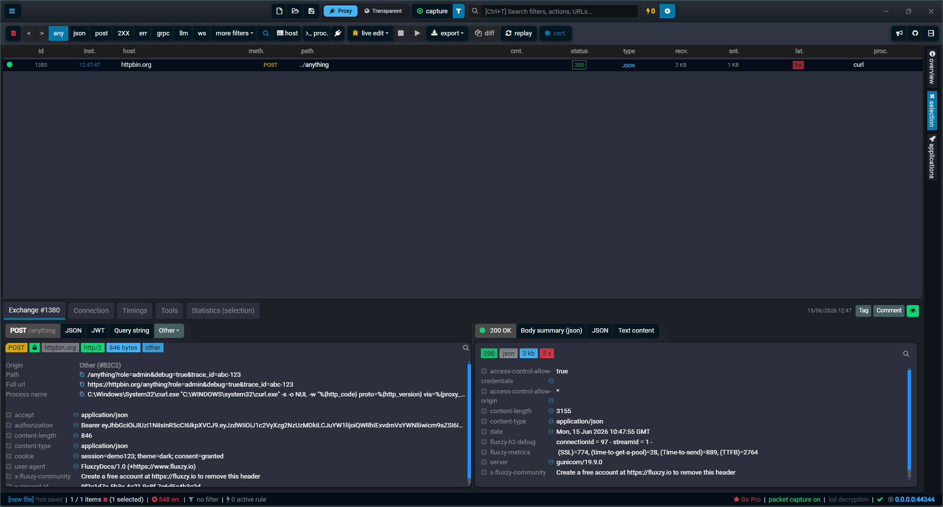 Fluxzy exchange detail view showing request and response headers side by side