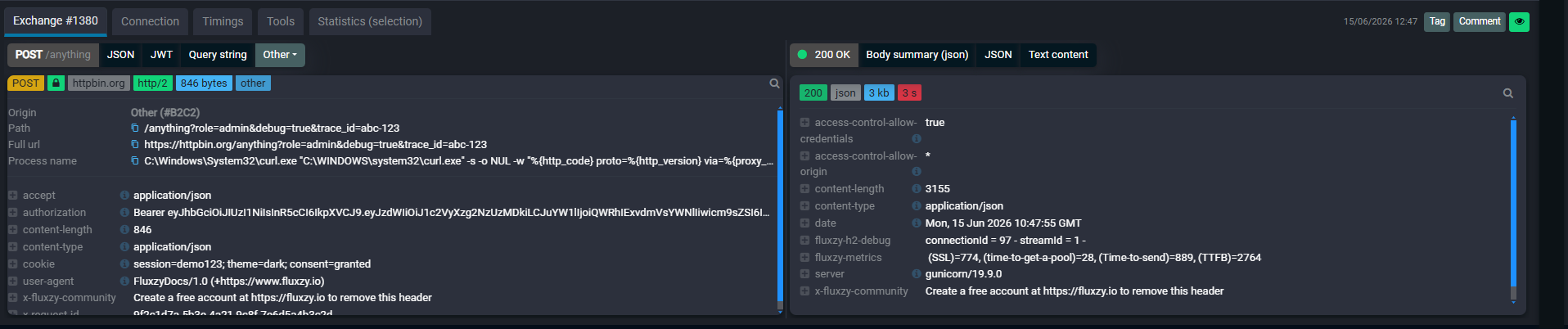 Request and response headers in the Fluxzy exchange detail view