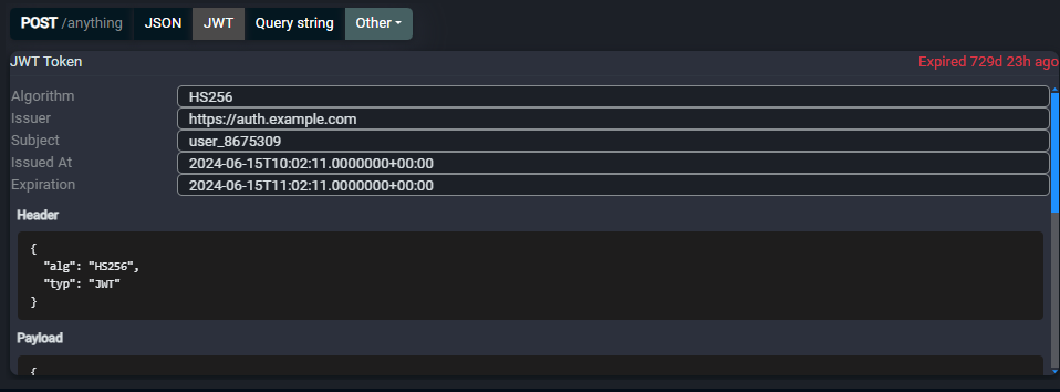 Decoded JWT showing algorithm, issuer, subject, expiry, header and payload