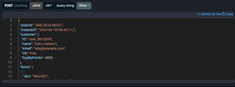 Request JSON body formatted in the Monaco editor