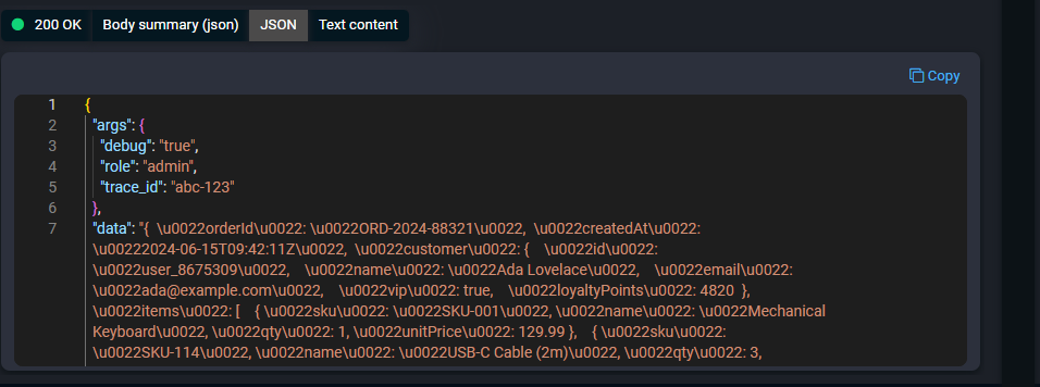 Response JSON body formatted in the Monaco editor
