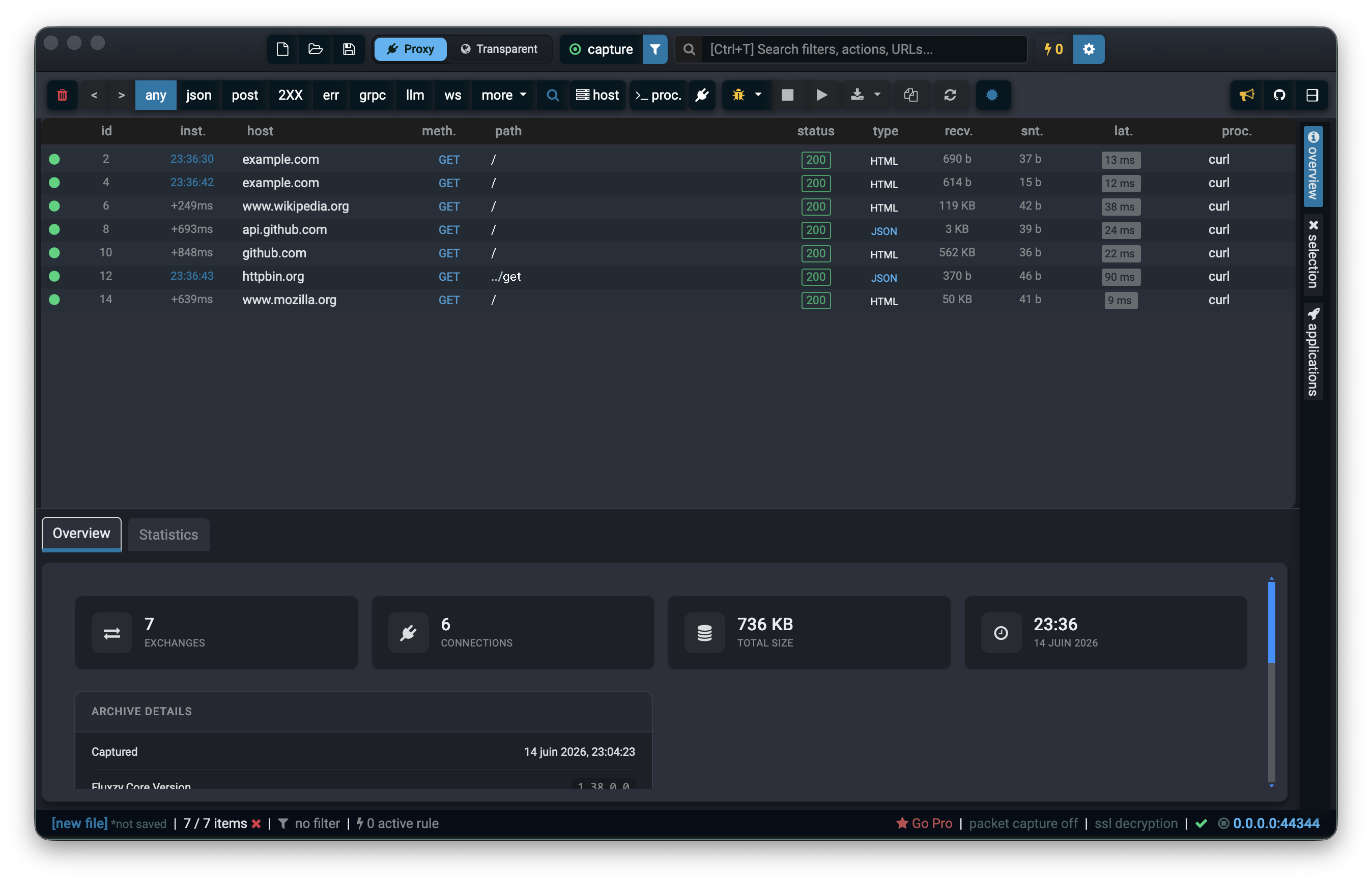 Decrypted HTTPS exchanges captured in Fluxzy