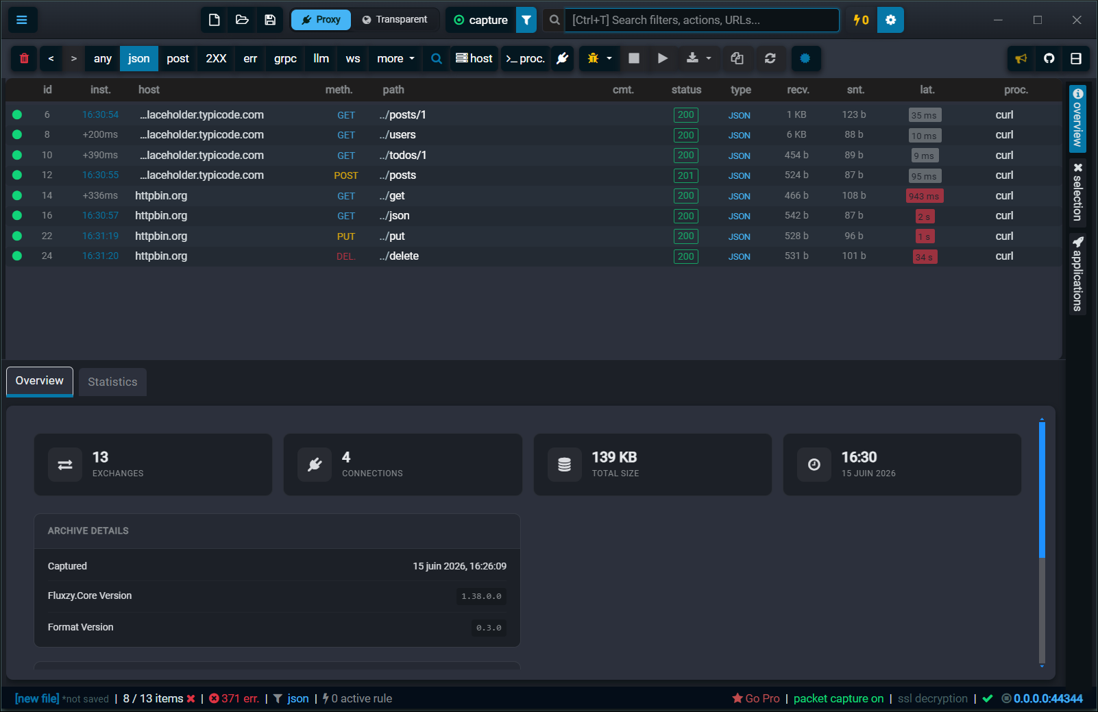 The Fluxzy exchange list filtered to JSON responses after picking a filter from Search Everywhere, with the status bar showing 8 of 13 items