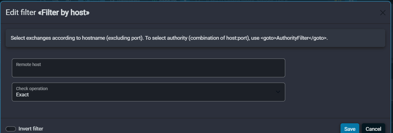 Fluxzy Edit filter by host dialog with the Remote host field, Check operation selector and Invert filter toggle