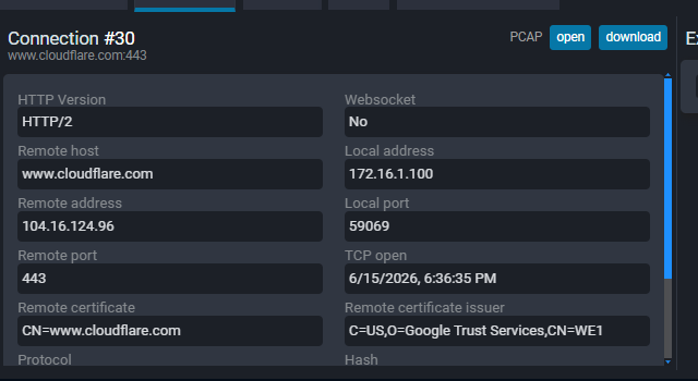 Fluxzy Connection tab showing HTTP Version HTTP/2 for a www.cloudflare.com exchange with no rule applied