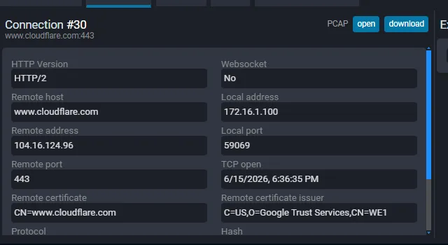 Fluxzy Connection tab showing HTTP Version HTTP/2 for a www.cloudflare.com exchange with no rule applied