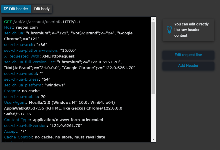 live edit raw header dialog