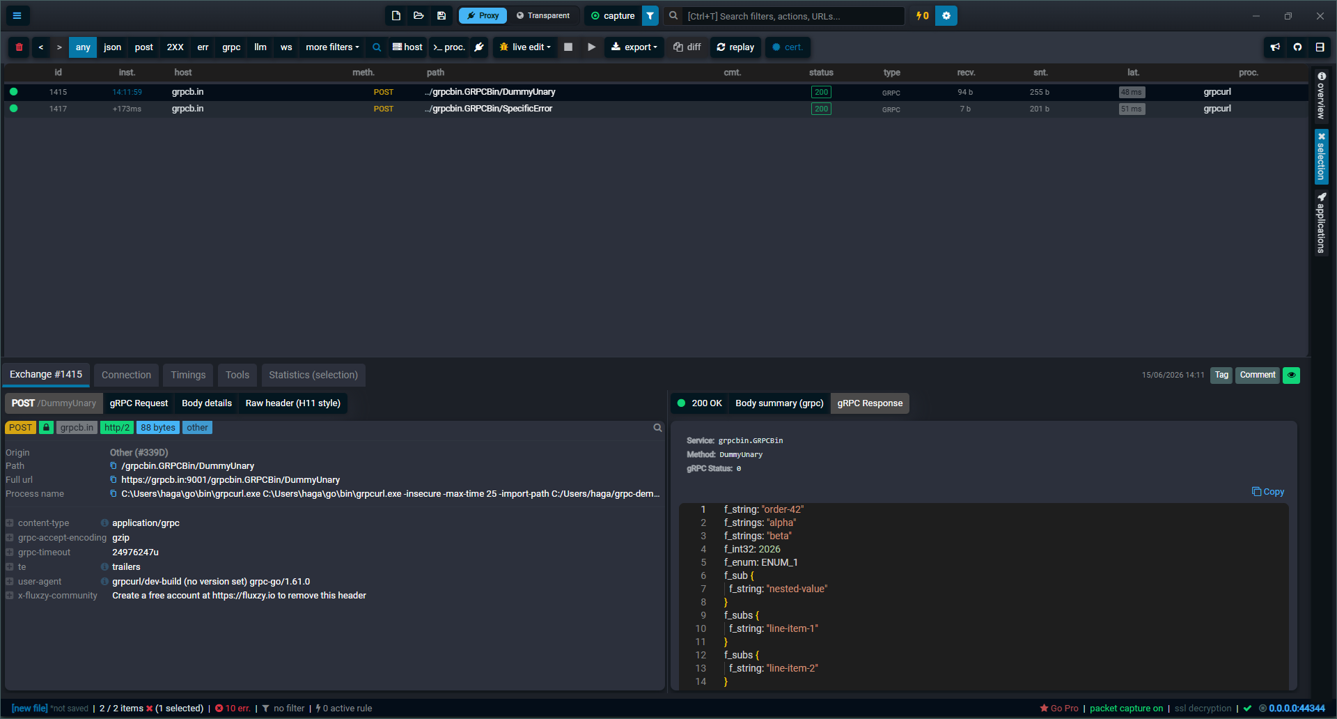 Fluxzy showing a decoded gRPC exchange: request headers and the decoded response message