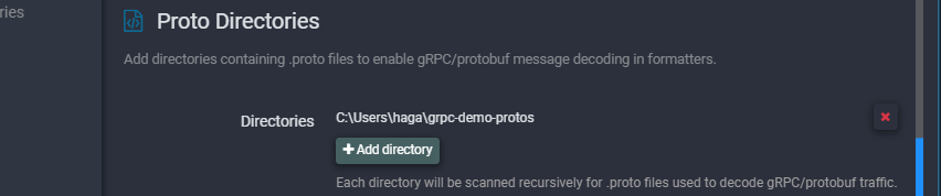 Proto Directories setting in Fluxzy Global Settings with a directory added