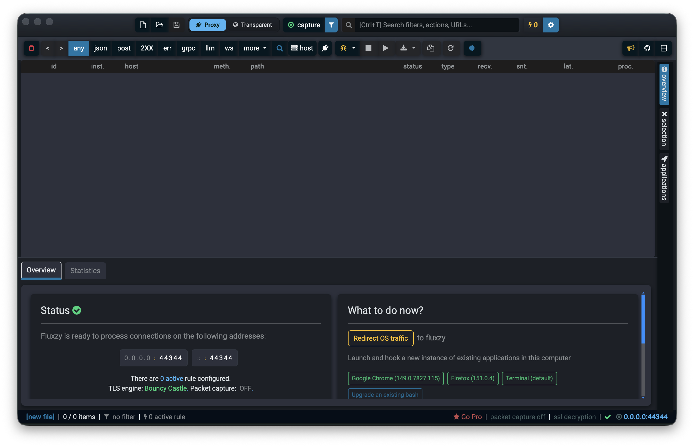 Fluxzy Desktop main window with an empty exchange list and the Overview status panel