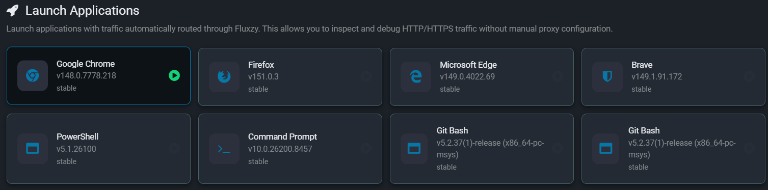 Fluxzy Launch Applications panel listing detected browsers and terminals to launch pre-hooked