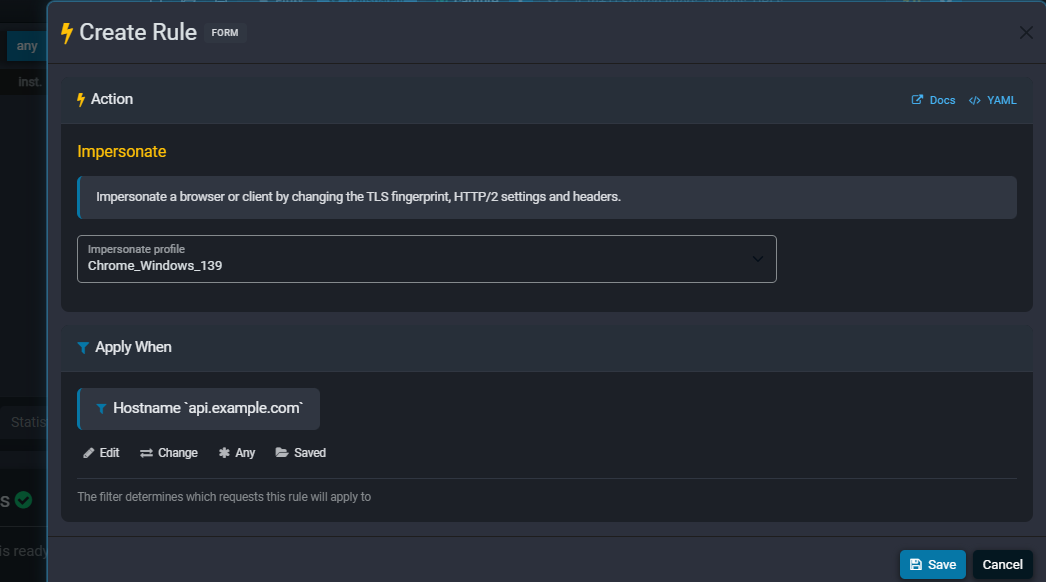 Fluxzy Create Rule editor with the Impersonate action, profile Chrome_Windows_139 selected, scoped to the api.example.com hostname