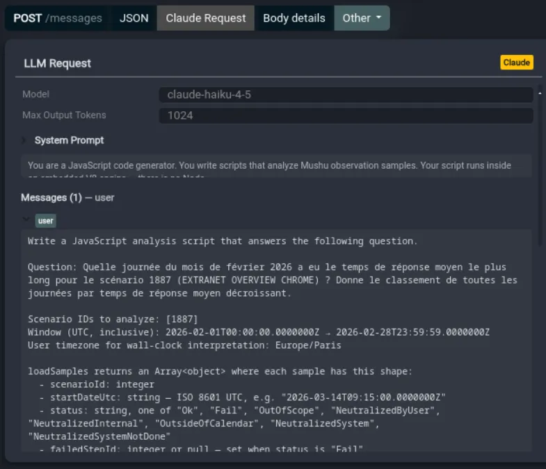 Decoded Claude Request view in Fluxzy showing model, max output tokens, system prompt and messages