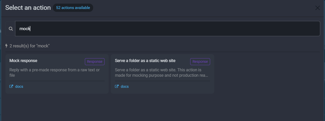 Fluxzy action picker filtered to mock, showing the Mock response action
